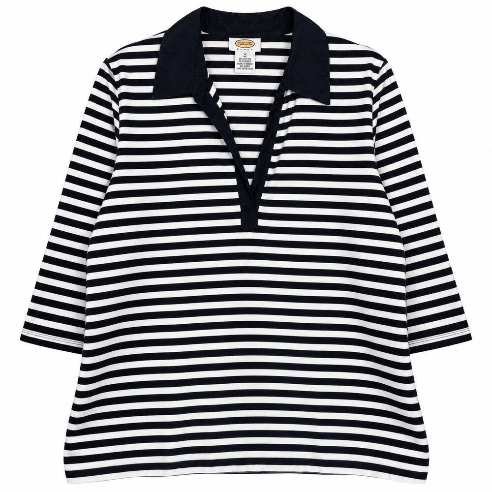 Talbots Woman 3X Black White Striped Tunic Top 3/4 Sleeve Cotton Stretch Collare